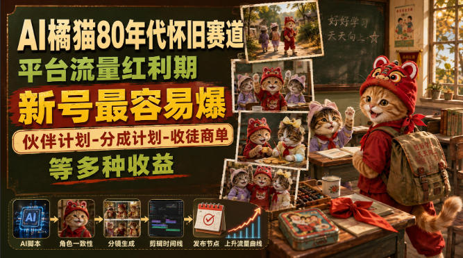 AI橘猫80年代怀旧赛道，平台流量红利期，新号最容易爆，伙伴计划-分成计划-收徒商单等多种收益-创业信息网