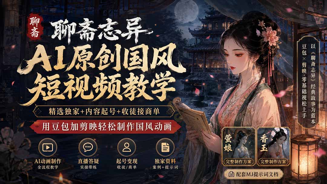 聊斋志异AI原创国风短视频教学;精选独家+内容起号+收徒接商单,用豆包加剪映轻松制作国风动画-创业信息网